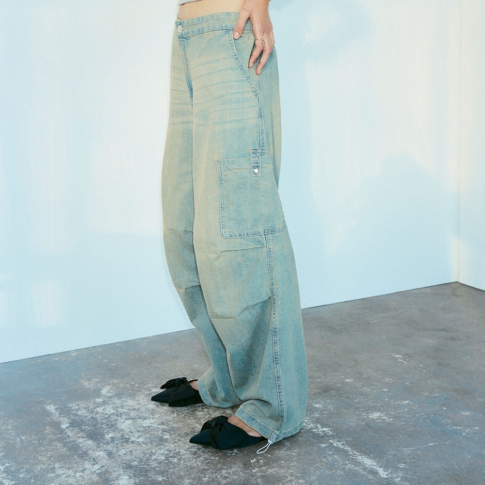 H&m Parachute Denim  Pants Baggy beige washEd Nwt